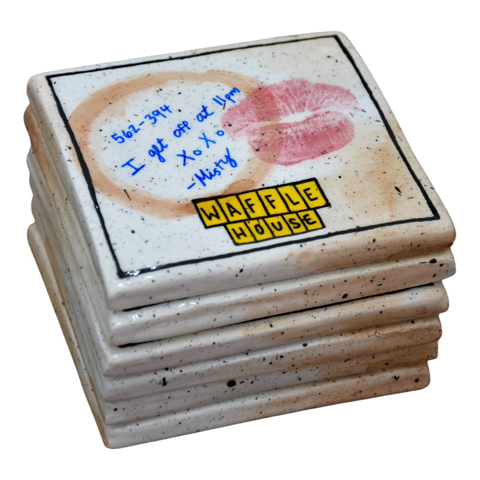 Stack of Waffle House coasters with a signature and phone number on a white background
