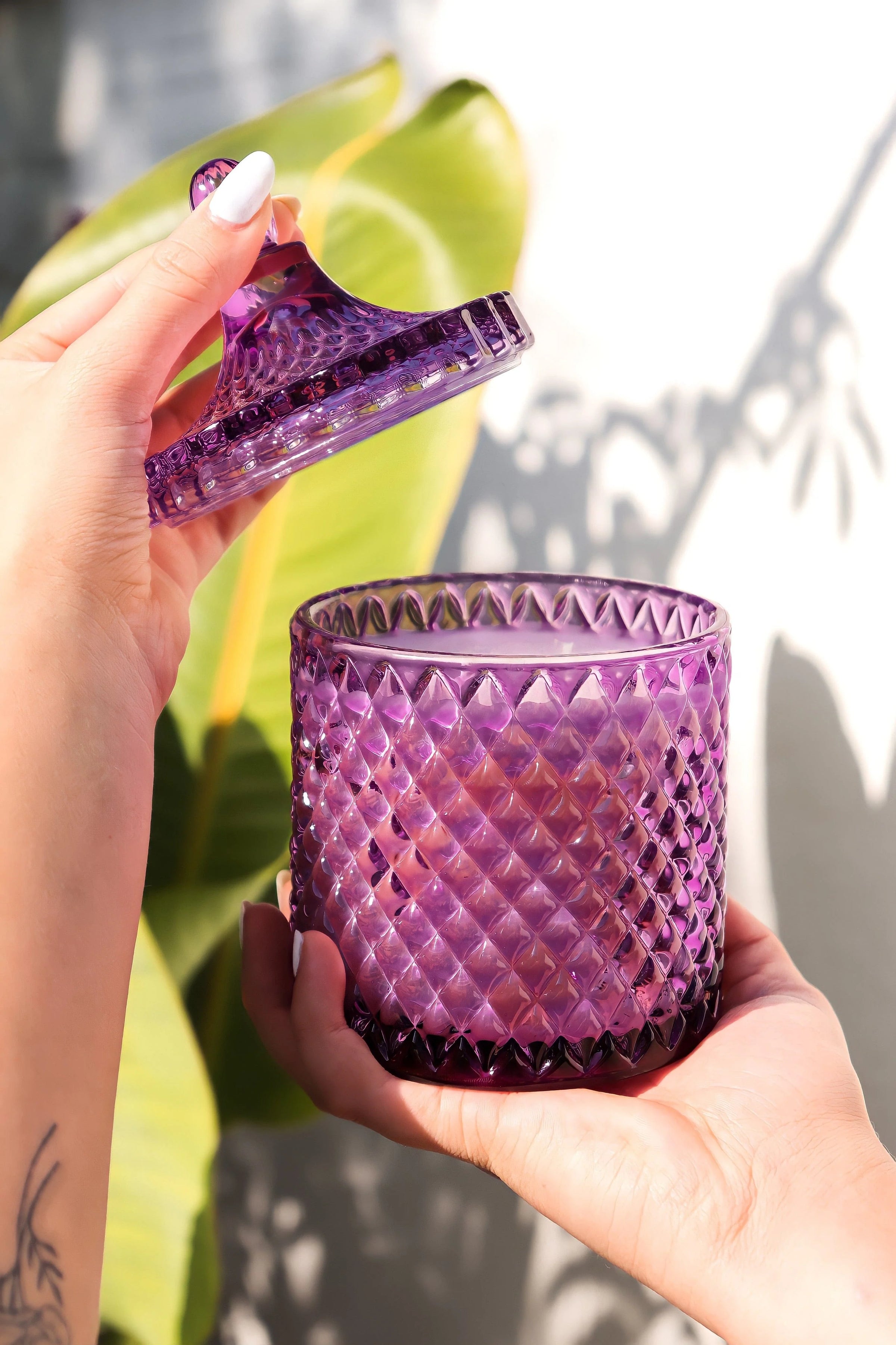 vanilla orchid cedarwood candle, floral woodsy candle, 2-wick luxury candle, purple glass candle with lid, amber musk candle scent, elegant lidded candle, cedar and vanilla home fragrance, reusable glass candle jar, warm floral scented candle, orchid musk balsam candle