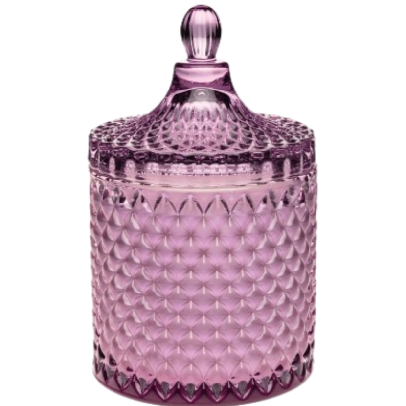 vanilla orchid cedarwood candle, floral woodsy candle, 2-wick luxury candle, purple glass candle with lid, amber musk candle scent, elegant lidded candle, cedar and vanilla home fragrance, reusable glass candle jar, warm floral scented candle, orchid musk balsam candle