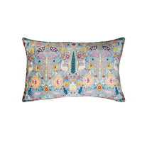 Decorative pillow with colorful floral and animal pattern on a white background