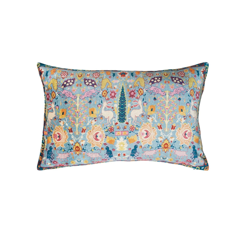 Decorative pillow with colorful floral and animal pattern on a white background