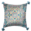 Decorative pillow with intricate floral pattern and tassels on a white background