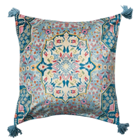 Decorative pillow with intricate floral pattern and tassels on a white background