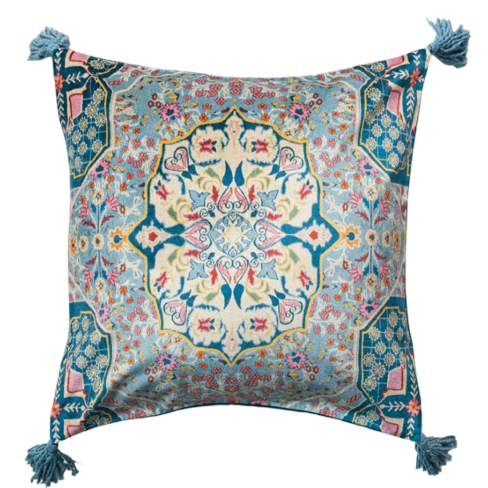 Decorative pillow with intricate floral pattern and tassels on a white background