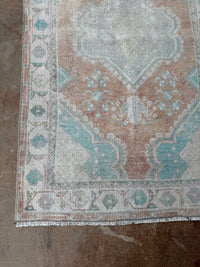vintage Turkish rug, 4x6 rug, small accent rug, faded terracotta rug, aqua medallion rug, handwoven Turkish rug, boho rug, layered rug look, one of a kind rug, vintage home decor, entryway rug, kitchen runner, neutral Turkish rug