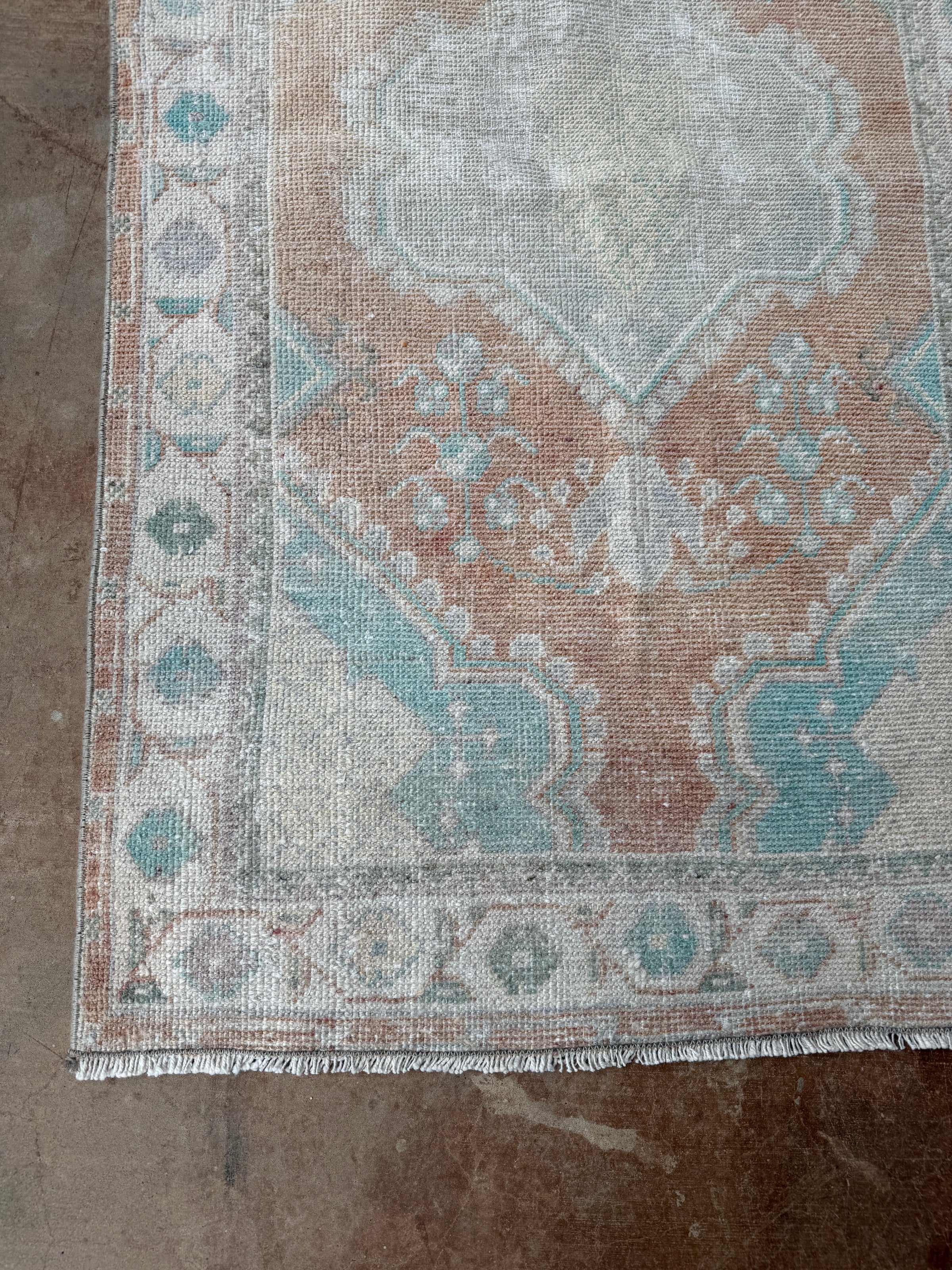 vintage Turkish rug, 4x6 rug, small accent rug, faded terracotta rug, aqua medallion rug, handwoven Turkish rug, boho rug, layered rug look, one of a kind rug, vintage home decor, entryway rug, kitchen runner, neutral Turkish rug