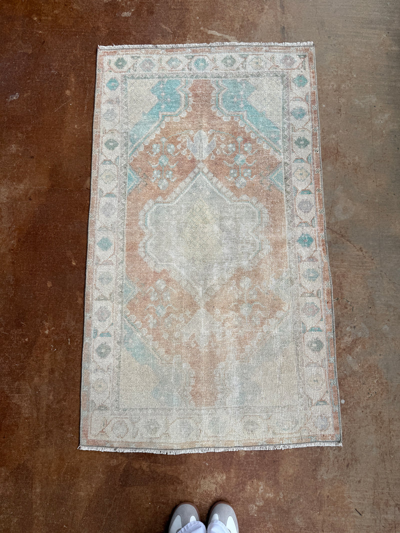 vintage Turkish rug, 4x6 rug, small accent rug, faded terracotta rug, aqua medallion rug, handwoven Turkish rug, boho rug, layered rug look, one of a kind rug, vintage home decor, entryway rug, kitchen runner, neutral Turkish rug