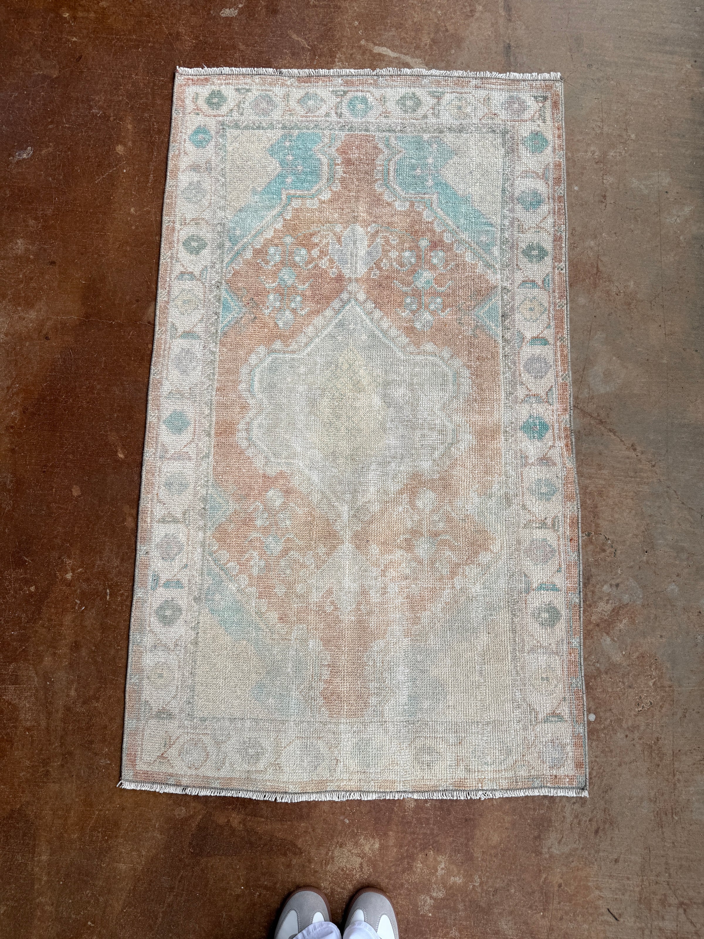 vintage Turkish rug, 4x6 rug, small accent rug, faded terracotta rug, aqua medallion rug, handwoven Turkish rug, boho rug, layered rug look, one of a kind rug, vintage home decor, entryway rug, kitchen runner, neutral Turkish rug