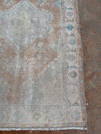 vintage Turkish rug, 4x6 rug, small accent rug, faded terracotta rug, aqua medallion rug, handwoven Turkish rug, boho rug, layered rug look, one of a kind rug, vintage home decor, entryway rug, kitchen runner, neutral Turkish rug