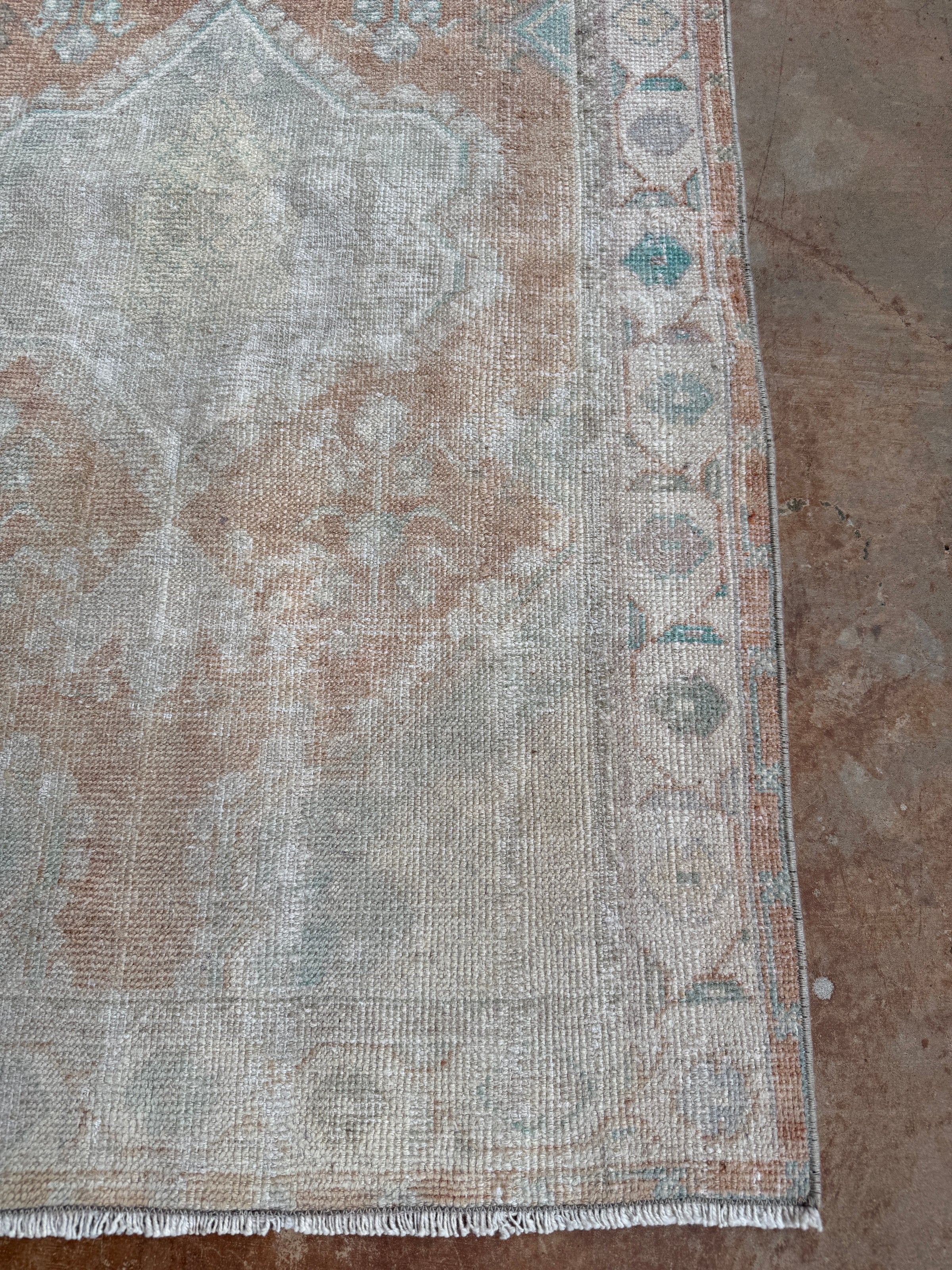 vintage Turkish rug, 4x6 rug, small accent rug, faded terracotta rug, aqua medallion rug, handwoven Turkish rug, boho rug, layered rug look, one of a kind rug, vintage home decor, entryway rug, kitchen runner, neutral Turkish rug