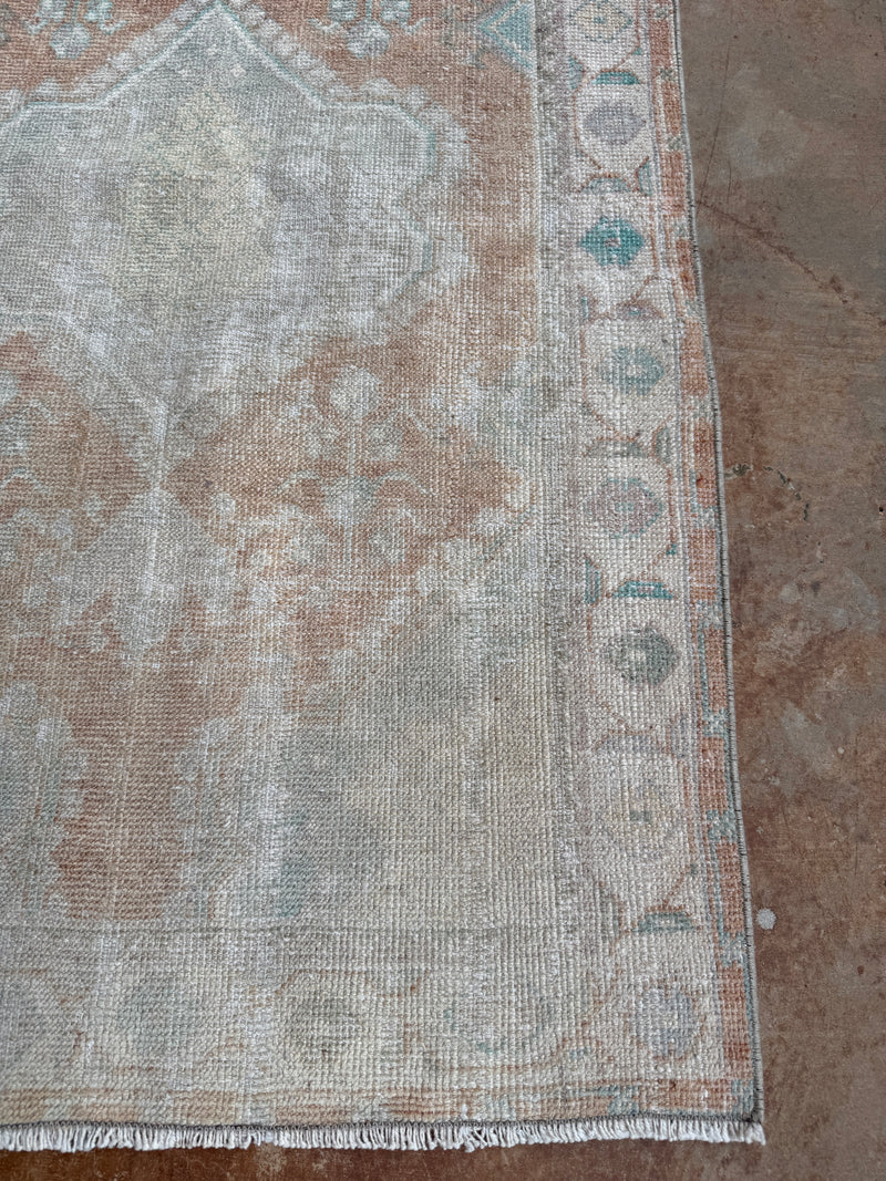 vintage Turkish rug, 4x6 rug, small accent rug, faded terracotta rug, aqua medallion rug, handwoven Turkish rug, boho rug, layered rug look, one of a kind rug, vintage home decor, entryway rug, kitchen runner, neutral Turkish rug