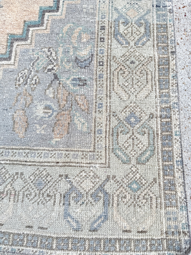 vintage Turkish rug, 6x3 rug, blue Turkish rug, medallion rug, handwoven rug, antique-style rug, neutral Turkish rug, geometric Turkish rug, heirloom rug, entryway rug, cottagecore home, boho rug
