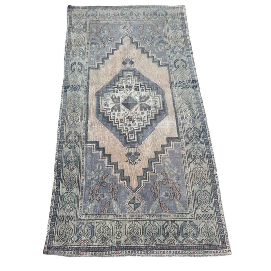 vintage Turkish rug, 6x3 rug, blue Turkish rug, medallion rug, handwoven rug, antique-style rug, neutral Turkish rug, geometric Turkish rug, heirloom rug, entryway rug, cottagecore home, boho rug