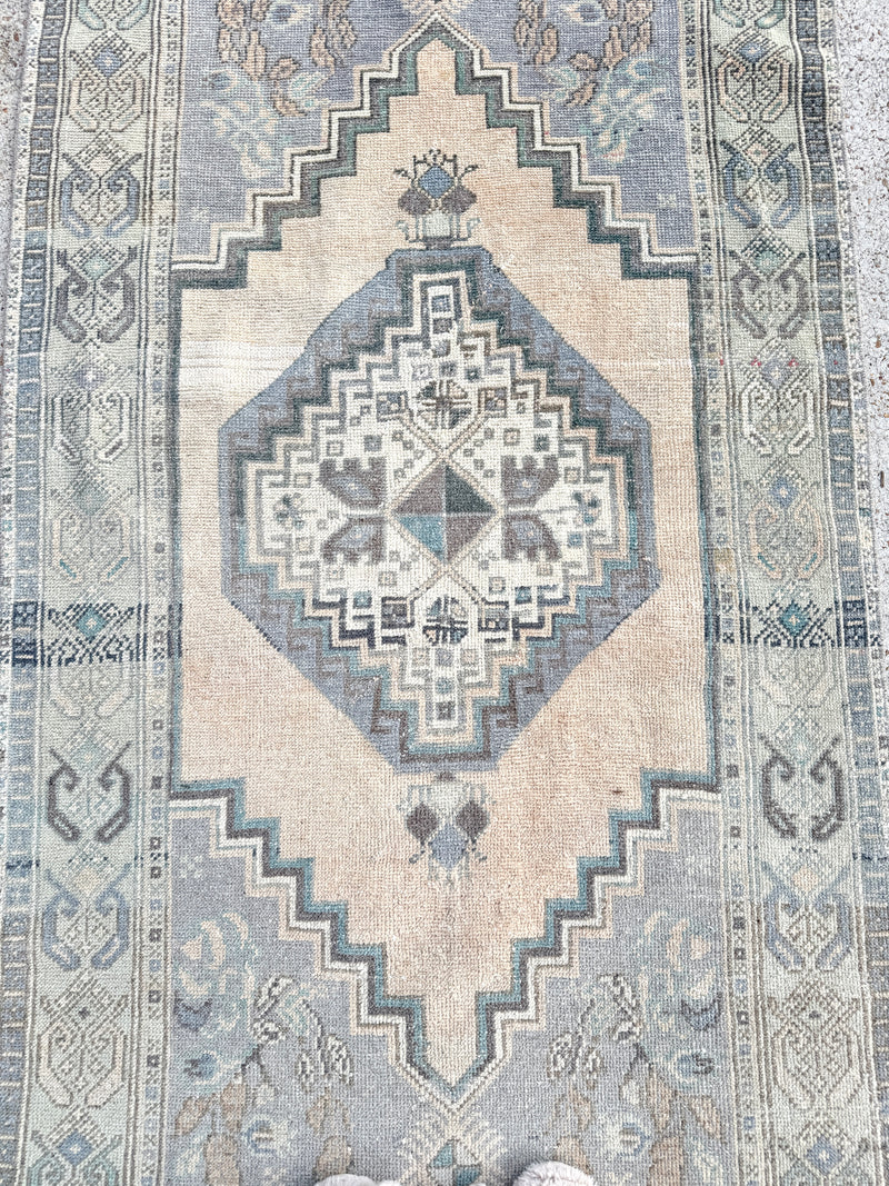 vintage Turkish rug, 6x3 rug, blue Turkish rug, medallion rug, handwoven rug, antique-style rug, neutral Turkish rug, geometric Turkish rug, heirloom rug, entryway rug, cottagecore home, boho rug