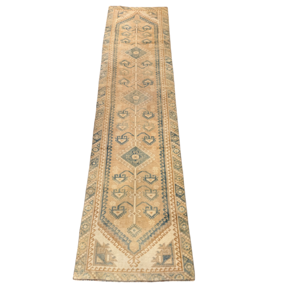 vintage Turkish rug, Turkish runner, sand and blue rug, faded Turkish runner, hallway rug, antique runner rug, neutral vintage runner, bohemian rug, long narrow rug, medallion Turkish rug