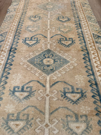 vintage Turkish rug, Turkish runner, sand and blue rug, faded Turkish runner, hallway rug, antique runner rug, neutral vintage runner, bohemian rug, long narrow rug, medallion Turkish rug