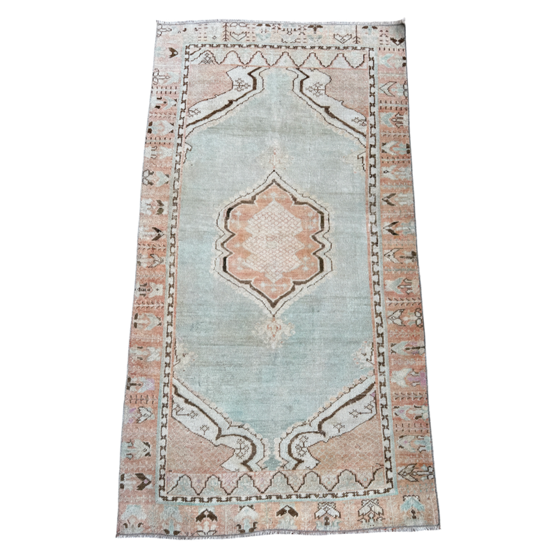 vintage Turkish rug, aqua peach rug, 5x3 Turkish rug, handwoven rug, faded medallion rug, pastel Turkish rug, pink and blue vintage rug, hallway rug, one-of-a-kind Turkish rug, soft vintage rug, traditional bohemian decor