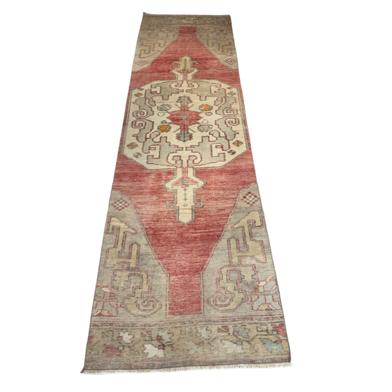 vintage Turkish rug, hand-knotted runner, Turkish hallway runner, 3x10 rug, antique style runner, faded red rug, crimson and taupe rug, bohemian vintage rug, floral border runner, narrow Turkish rug, hallway rug, one-of-a-kind runner, unique vintage rug
