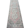 vintage Turkish rug, rose runner rug, sage pink runner, Turkish hallway rug, floral medallion rug, narrow area rug, handmade vintage runner, bohemian runner rug, soft faded runner, traditional Turkish decor