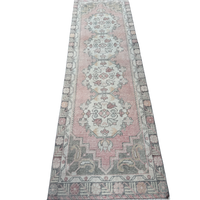 vintage Turkish rug, rose runner rug, sage pink runner, Turkish hallway rug, floral medallion rug, narrow area rug, handmade vintage runner, bohemian runner rug, soft faded runner, traditional Turkish decor