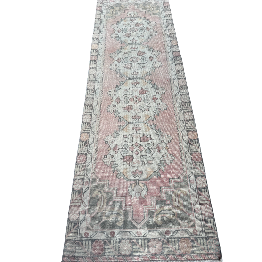 vintage Turkish rug, rose runner rug, sage pink runner, Turkish hallway rug, floral medallion rug, narrow area rug, handmade vintage runner, bohemian runner rug, soft faded runner, traditional Turkish decor