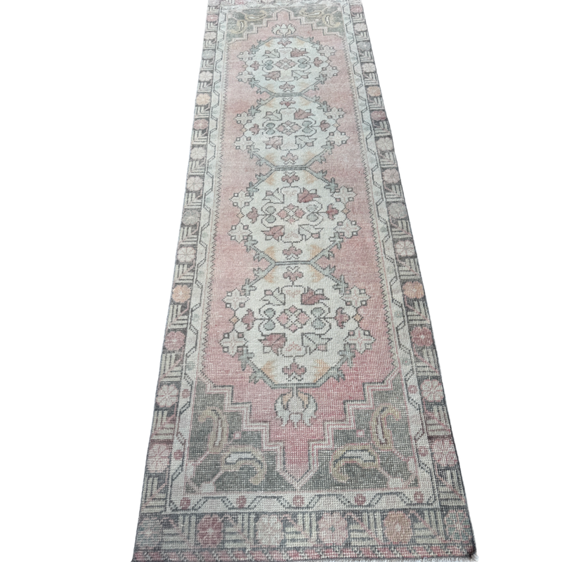 vintage Turkish rug, rose runner rug, sage pink runner, Turkish hallway rug, floral medallion rug, narrow area rug, handmade vintage runner, bohemian runner rug, soft faded runner, traditional Turkish decor