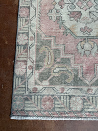 vintage Turkish rug, rose runner rug, sage pink runner, Turkish hallway rug, floral medallion rug, narrow area rug, handmade vintage runner, bohemian runner rug, soft faded runner, traditional Turkish decor