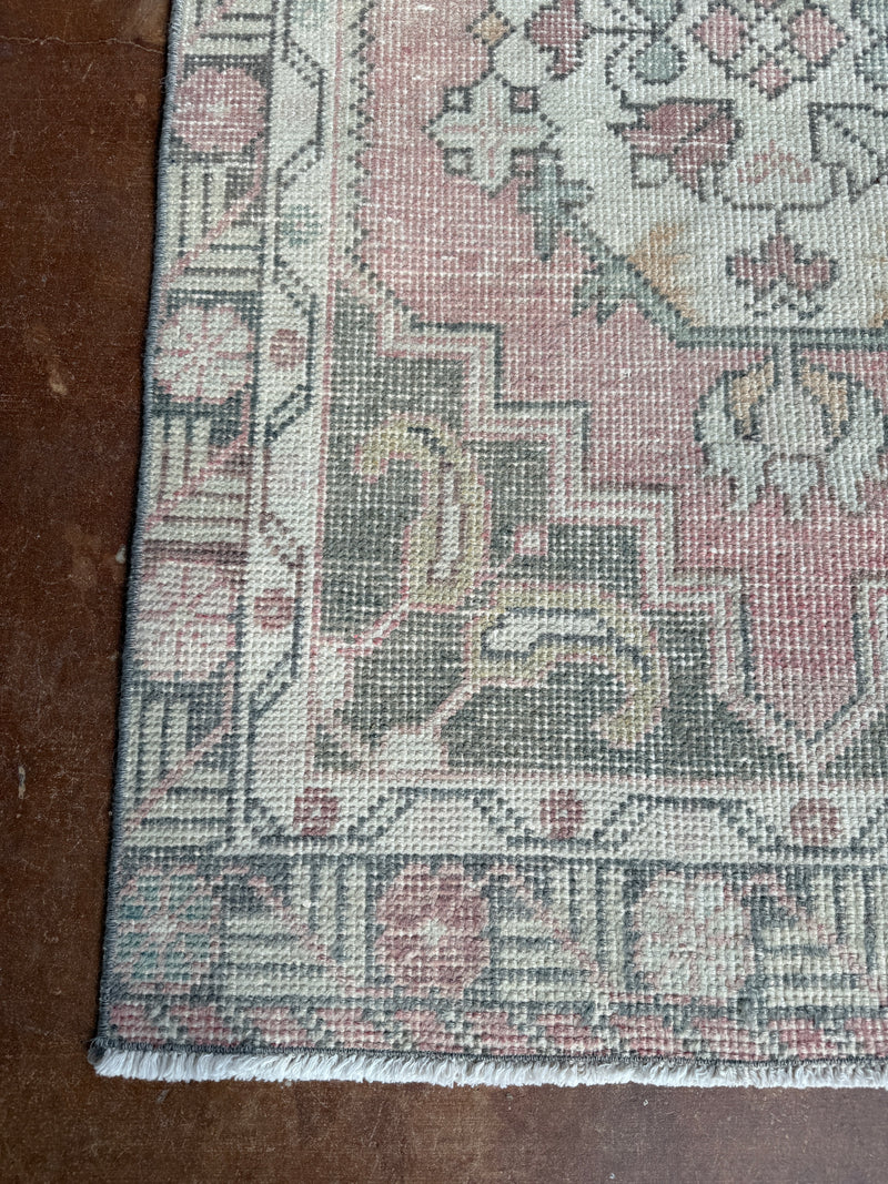 vintage Turkish rug, rose runner rug, sage pink runner, Turkish hallway rug, floral medallion rug, narrow area rug, handmade vintage runner, bohemian runner rug, soft faded runner, traditional Turkish decor