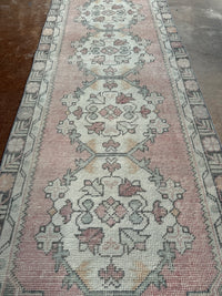 vintage Turkish rug, rose runner rug, sage pink runner, Turkish hallway rug, floral medallion rug, narrow area rug, handmade vintage runner, bohemian runner rug, soft faded runner, traditional Turkish decor