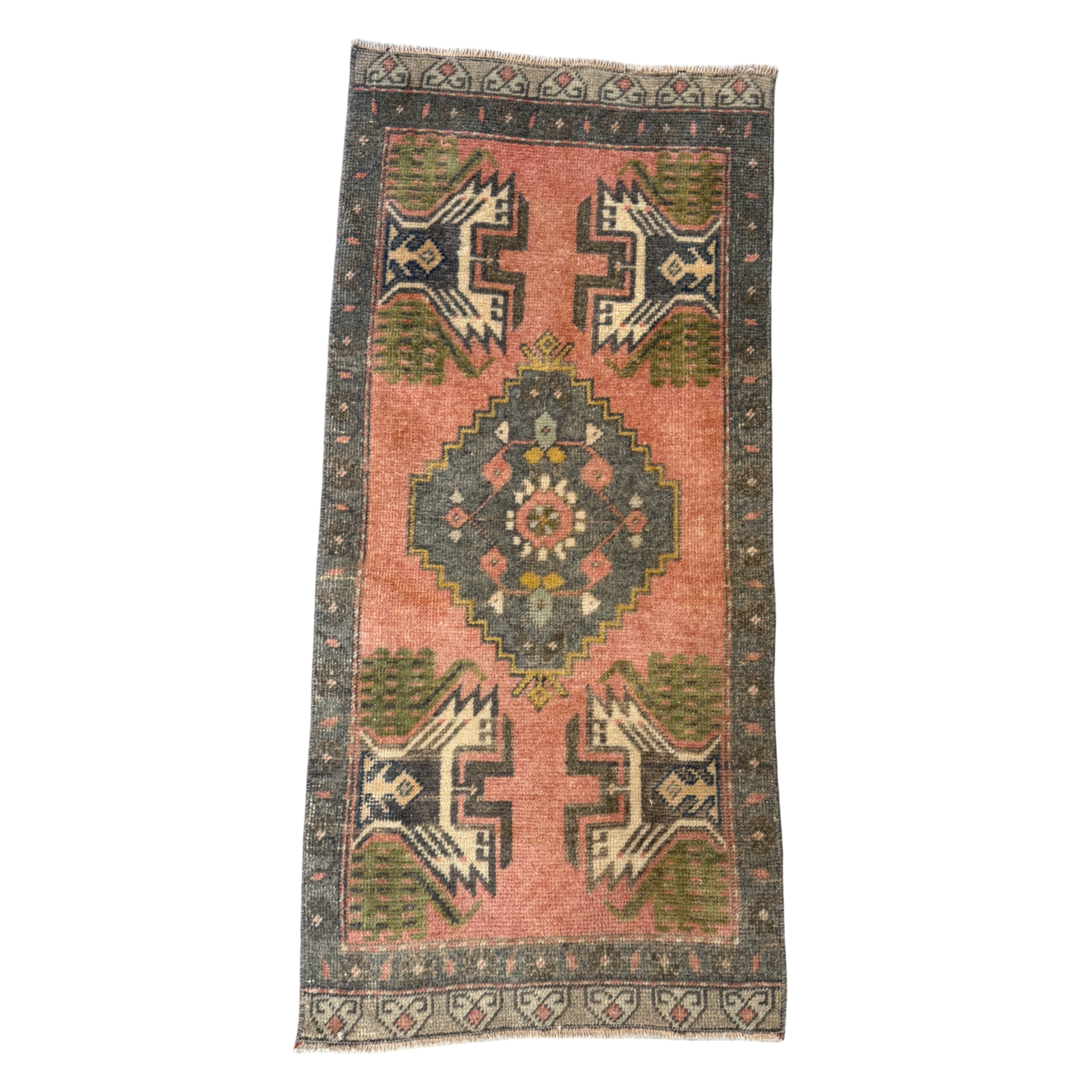 vintage Turkish rug, small runner rug, terracotta rug, green medallion rug, entryway rug, handmade Turkish carpet, boho rug, one of a kind rug