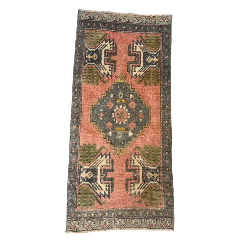 vintage Turkish rug, small runner rug, terracotta rug, green medallion rug, entryway rug, handmade Turkish carpet, boho rug, one of a kind rug