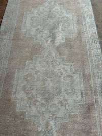 vintage Turkish runner, long Turkish rug, aqua and sand rug, neutral hallway rug, faded Turkish rug, geometric medallion runner, boho farmhouse decor, antique rug runner, 3x10 Turkish rug, distressed 