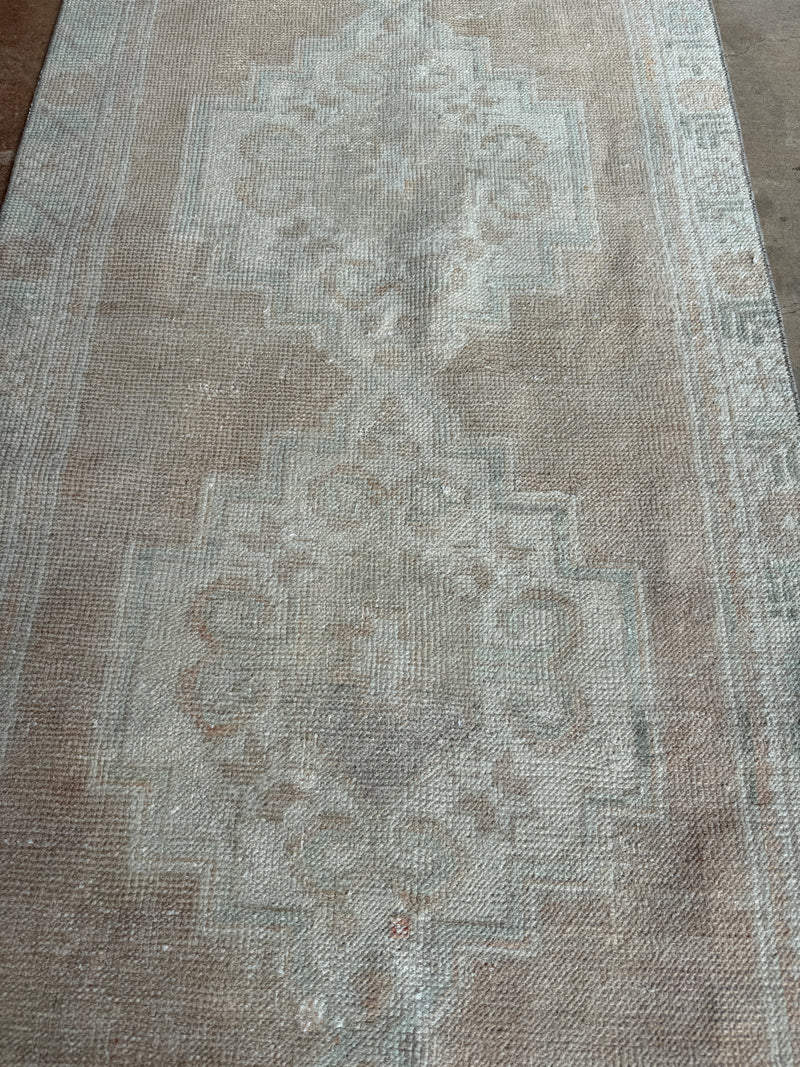 vintage Turkish runner, long Turkish rug, aqua and sand rug, neutral hallway rug, faded Turkish rug, geometric medallion runner, boho farmhouse decor, antique rug runner, 3x10 Turkish rug, distressed 