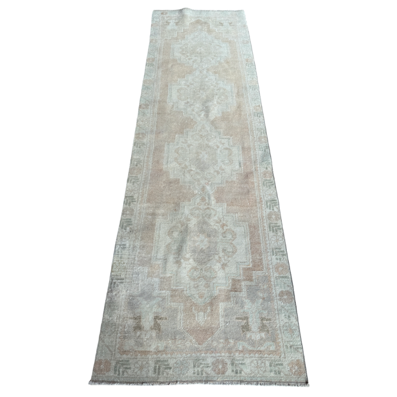 vintage Turkish runner, long Turkish rug, aqua and sand rug, neutral hallway rug, faded Turkish rug, geometric medallion runner, boho farmhouse decor, antique rug runner, 3x10 Turkish rug, distressed vintage rug
