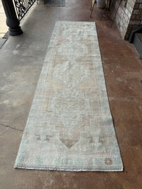 vintage Turkish runner, long Turkish rug, aqua and sand rug, neutral hallway rug, faded Turkish rug, geometric medallion runner, boho farmhouse decor, antique rug runner, 3x10 Turkish rug, distressed 