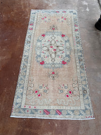 vintage Turkish runner, pink Turkish rug, blush runner, 6x3 rug, narrow vintage rug, handwoven Turkish rug, slate blue rug, kitchen runner, faded Turkish rug, one of a kind rug, traditional boho rug, antique floral runner