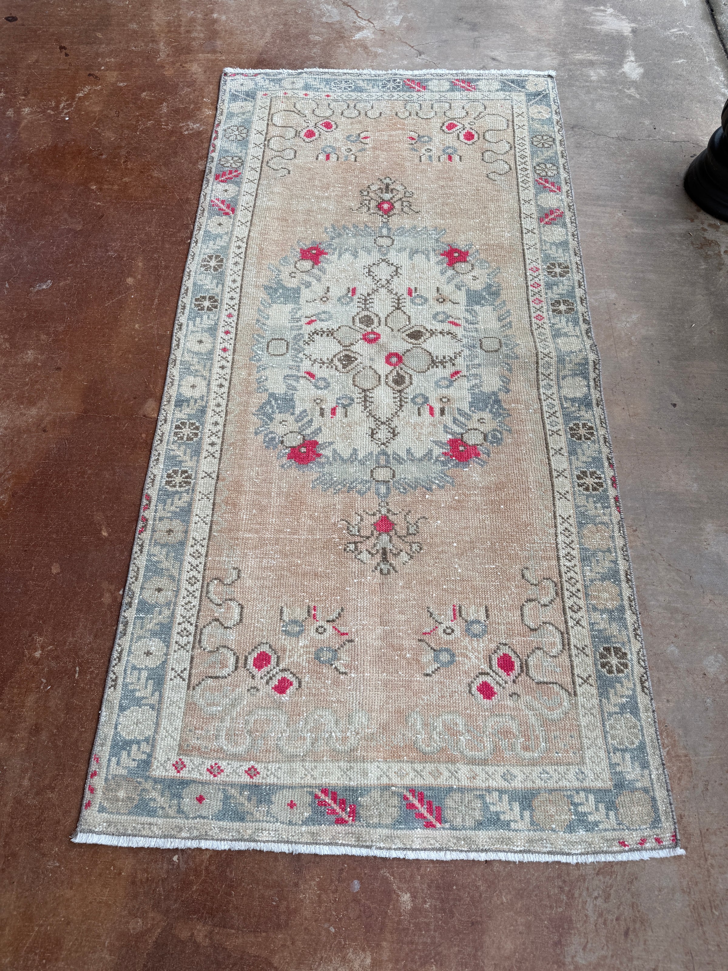 vintage Turkish runner, pink Turkish rug, blush runner, 6x3 rug, narrow vintage rug, handwoven Turkish rug, slate blue rug, kitchen runner, faded Turkish rug, one of a kind rug, traditional boho rug, antique floral runner