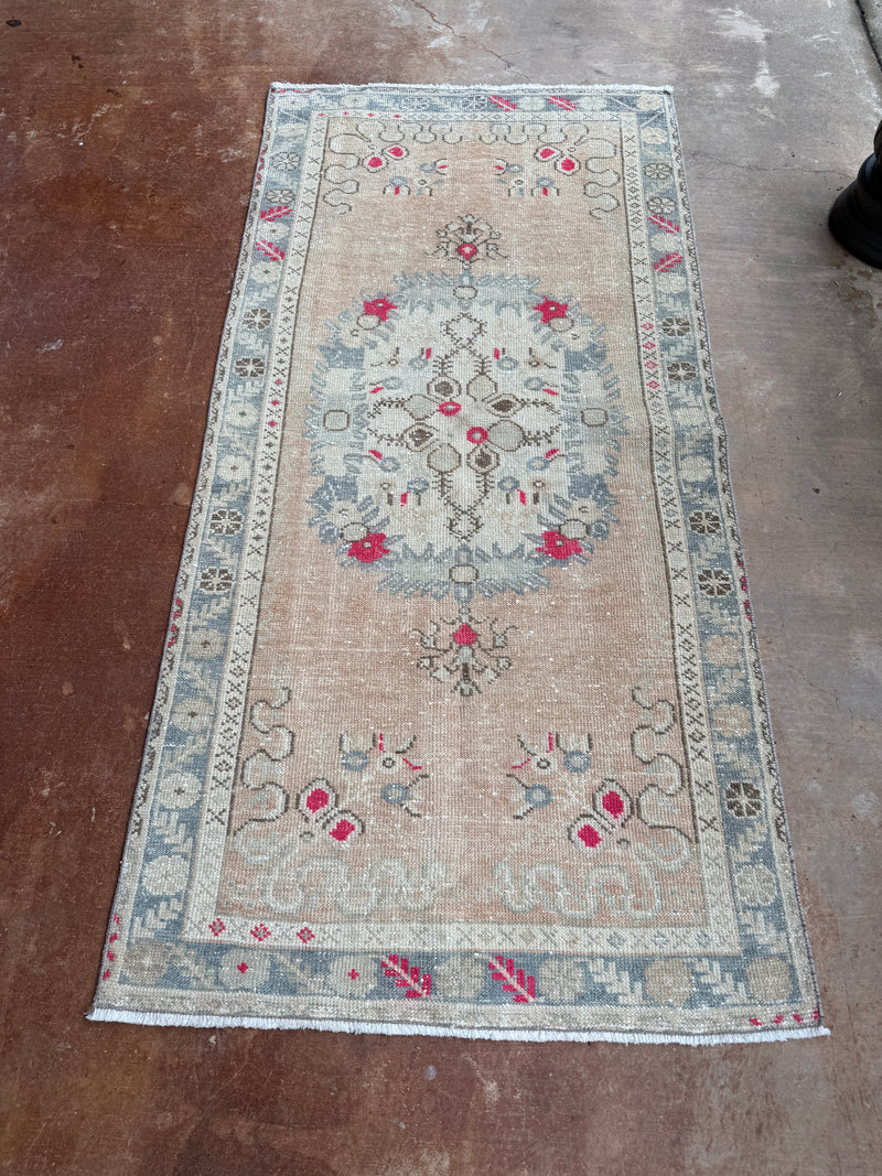 vintage Turkish runner, pink Turkish rug, blush runner, 6x3 rug, narrow vintage rug, handwoven Turkish rug, slate blue rug, kitchen runner, faded Turkish rug, one of a kind rug, traditional boho rug, antique floral runner