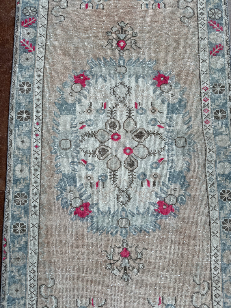 vintage Turkish runner, pink Turkish rug, blush runner, 6x3 rug, narrow vintage rug, handwoven Turkish rug, slate blue rug, kitchen runner, faded Turkish rug, one of a kind rug, traditional boho rug, antique floral runner