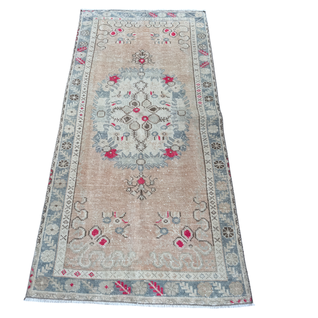 vintage Turkish runner, pink Turkish rug, blush runner, 6x3 rug, narrow vintage rug, handwoven Turkish rug, slate blue rug, kitchen runner, faded Turkish rug, one of a kind rug, traditional boho rug, antique floral runner