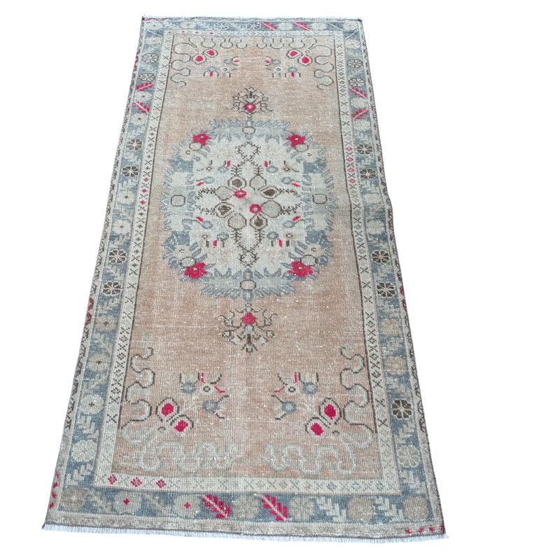 vintage Turkish runner, pink Turkish rug, blush runner, 6x3 rug, narrow vintage rug, handwoven Turkish rug, slate blue rug, kitchen runner, faded Turkish rug, one of a kind rug, traditional boho rug, antique floral runner