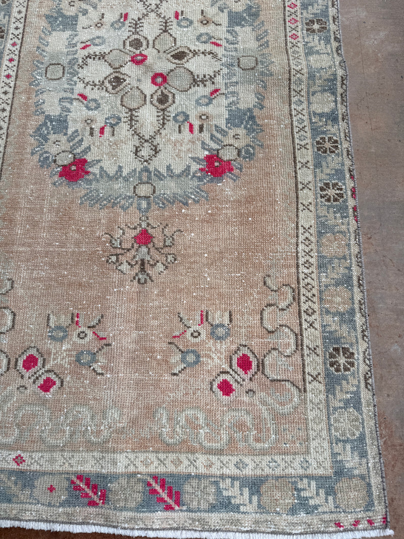vintage Turkish runner, pink Turkish rug, blush runner, 6x3 rug, narrow vintage rug, handwoven Turkish rug, slate blue rug, kitchen runner, faded Turkish rug, one of a kind rug, traditional boho rug, antique floral runner