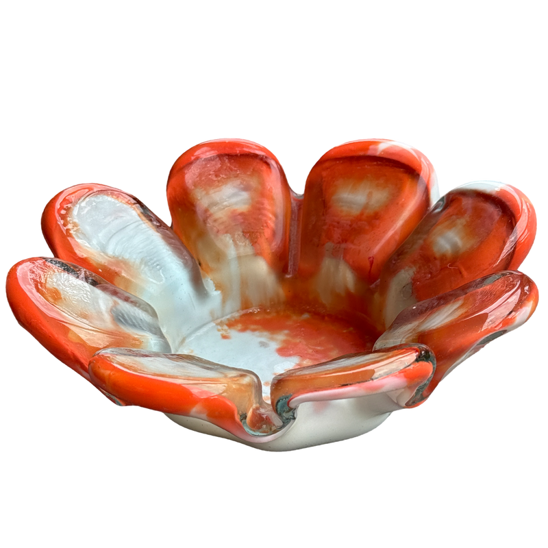 vintage art glass bowl, coral art glass, ruffle glass bowl, vintage glass centerpiece, sculptural glass bowl, colorful glass decor, hand blown glass bowl, vintage orange glass, collectible art glass, decorative glass bowl, coffee table decor, bookshelf styling, vintage home accents, Palm Beach decor, one of a kind vintage