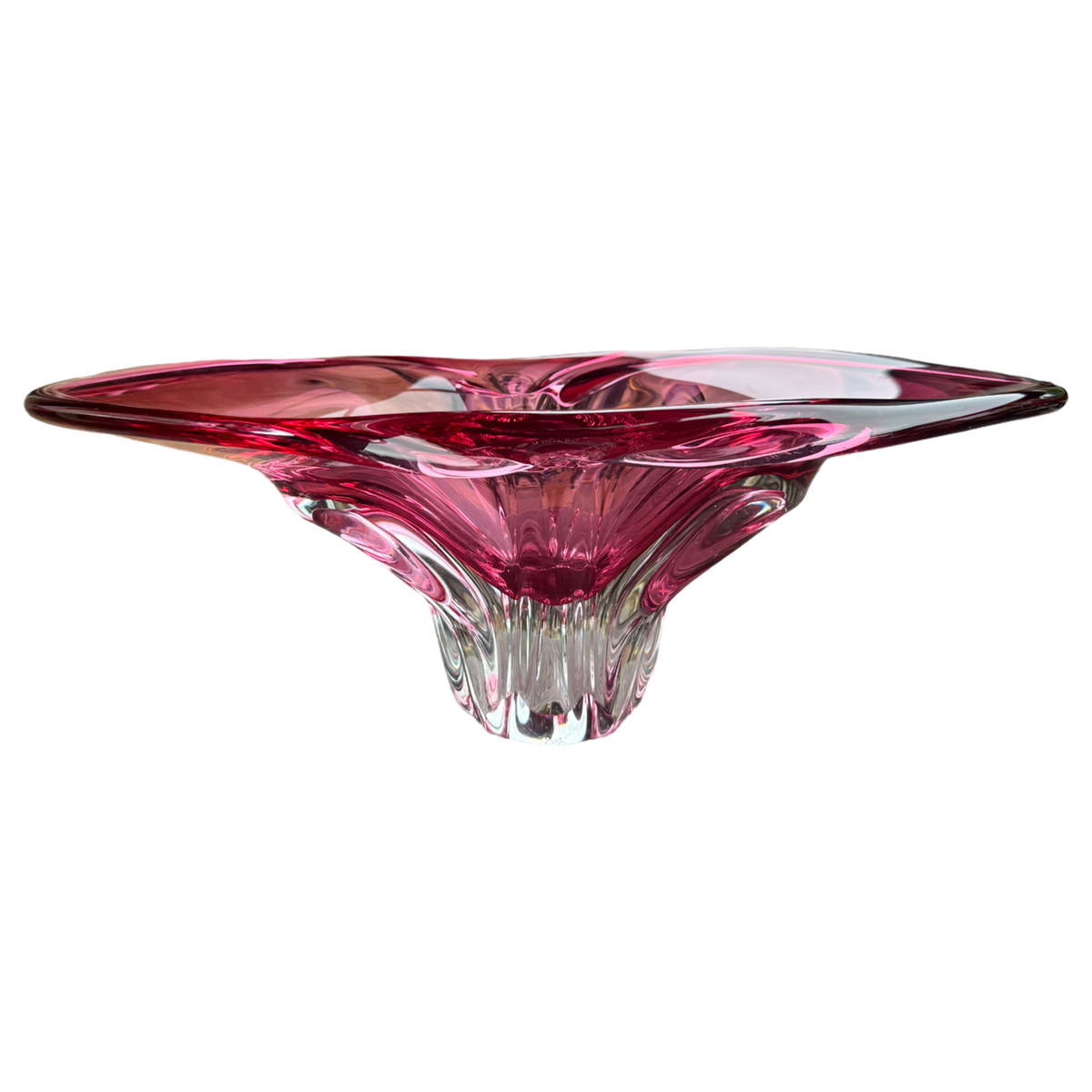 vintage art glass bowl, cranberry glass bowl, sculptural glass centerpiece, italian art glass, pedestal glass bowl, pink glass decor, vintage centerpiece bowl, collectible art glass, murano style glass, maximalist home decor, hollywood regency decor, colorful vintage glass