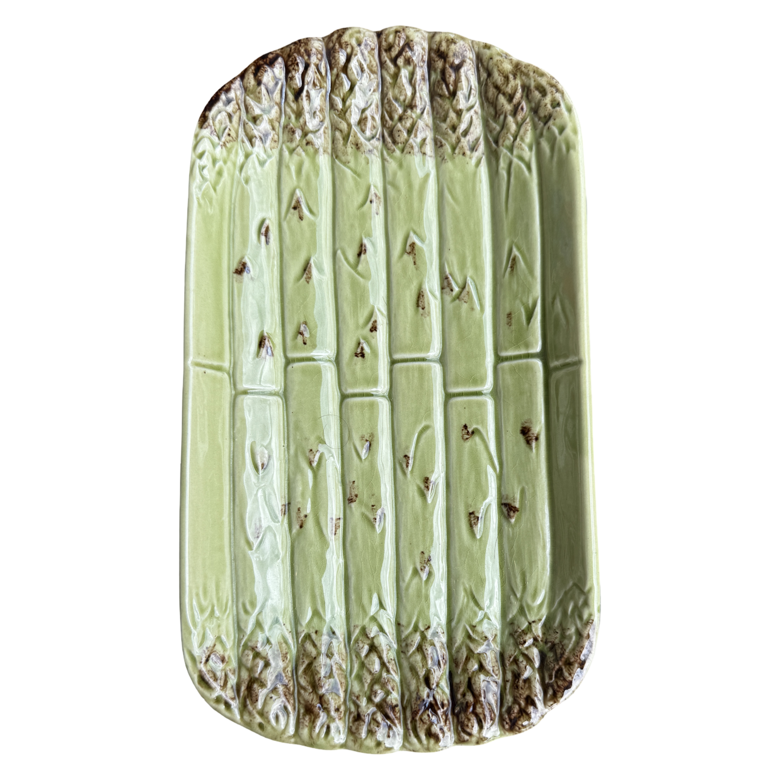vintage asparagus platter, asparagus serving tray, majolica asparagus platter, majolica serving dish, vintage vegetable ware, garden party serving platter, cottage kitchen decor, English cottage style, green ceramic platter, collectible serving tray, spring entertaining, vintage tableware, botanical serving piece, farmhouse entertaining, unique serving platter