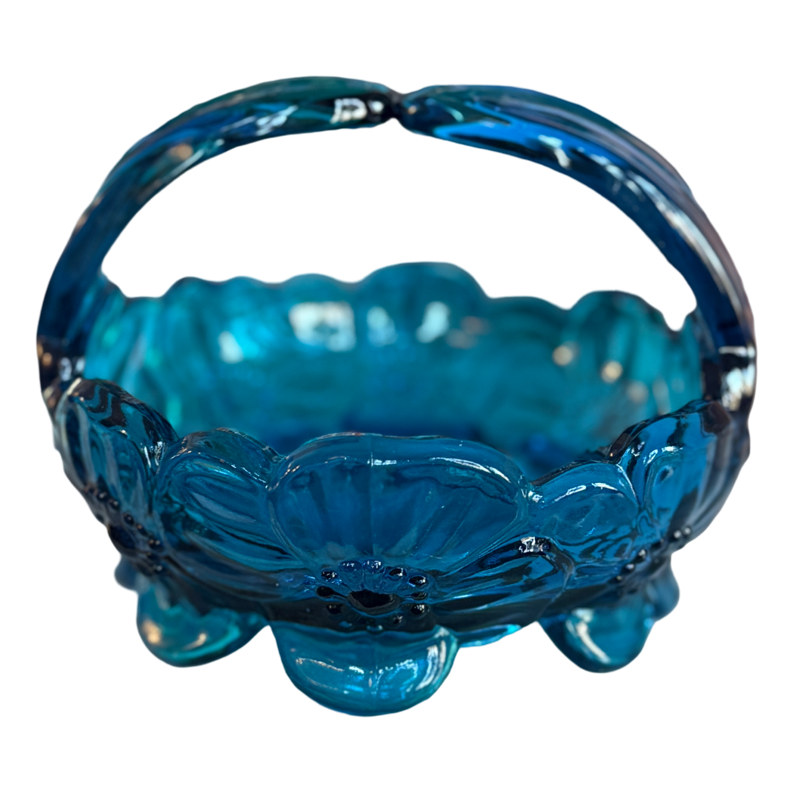 Blue glass basket with floral patterns on a white background