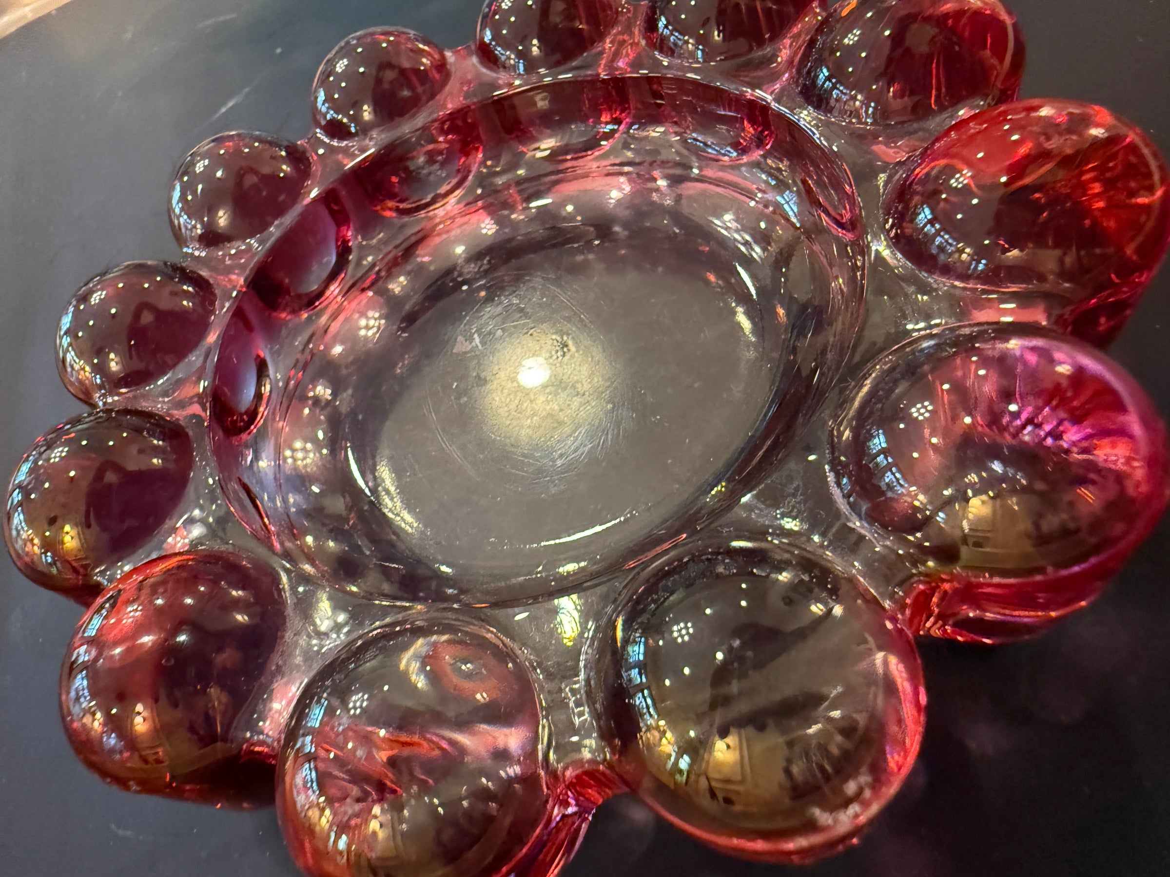 vintage boopie glass, cranberry glass ashtray, pink bubble glass dish, anchor hocking ashtray, vintage catchall dish, retro glass decor, pink glass trinket dish, vintage vanity decor, bubble glass bowl, collectible glass decor, maximalist decor, colorful vintage decor, vintage tabletop styling, boopie bubble glass, one of one vintage