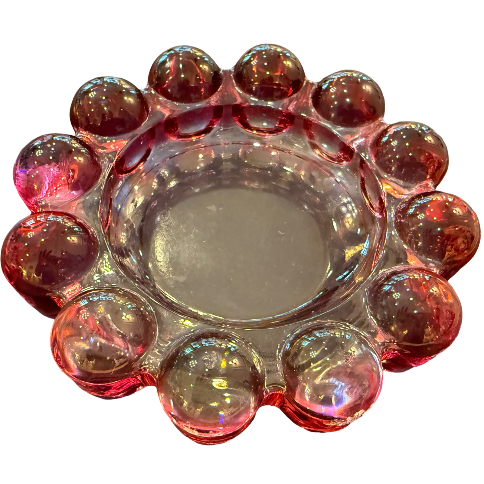 vintage boopie glass, cranberry glass ashtray, pink bubble glass dish, anchor hocking ashtray, vintage catchall dish, retro glass decor, pink glass trinket dish, vintage vanity decor, bubble glass bowl, collectible glass decor, maximalist decor, colorful vintage decor, vintage tabletop styling, boopie bubble glass, one of one vintage