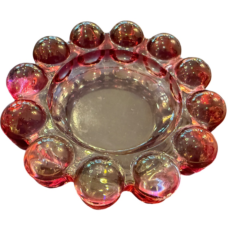 vintage boopie glass, cranberry glass ashtray, pink bubble glass dish, anchor hocking ashtray, vintage catchall dish, retro glass decor, pink glass trinket dish, vintage vanity decor, bubble glass bowl, collectible glass decor, maximalist decor, colorful vintage decor, vintage tabletop styling, boopie bubble glass, one of one vintage