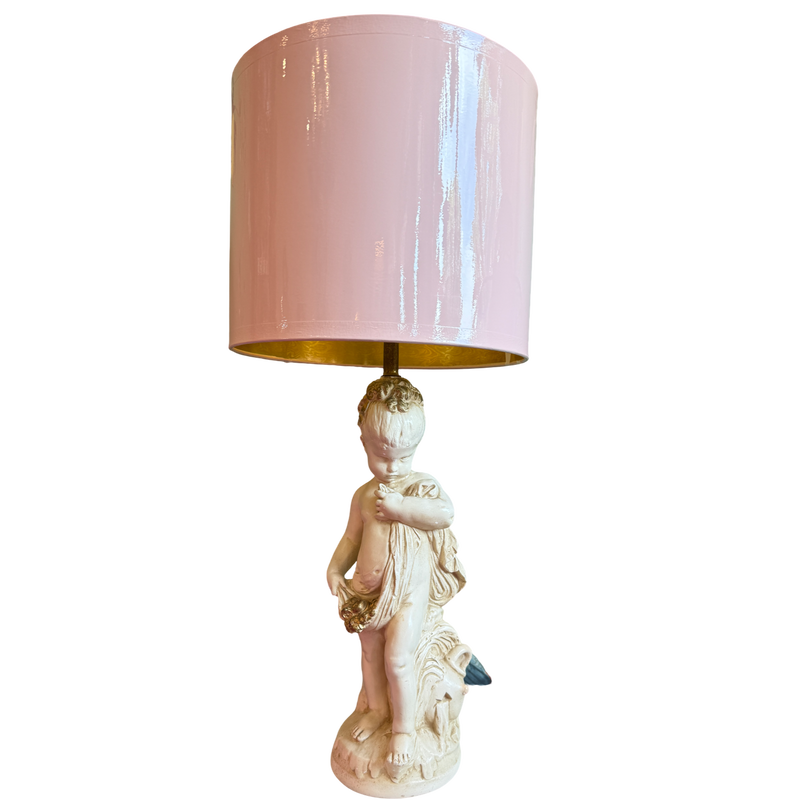 vintage cherub lamp, putti lamp, blush pink lamp, pink table lamp, cottagecore decor, grandmillennial decor, nursery lamp, vintage lighting, shabby chic lamp, Palm Beach style decor, French inspired lamp, whimsical home decor, statement lamp, vintage home accessories, one of a kind lamp, collectible lighting, eclectic interior decor, maximalist home decor